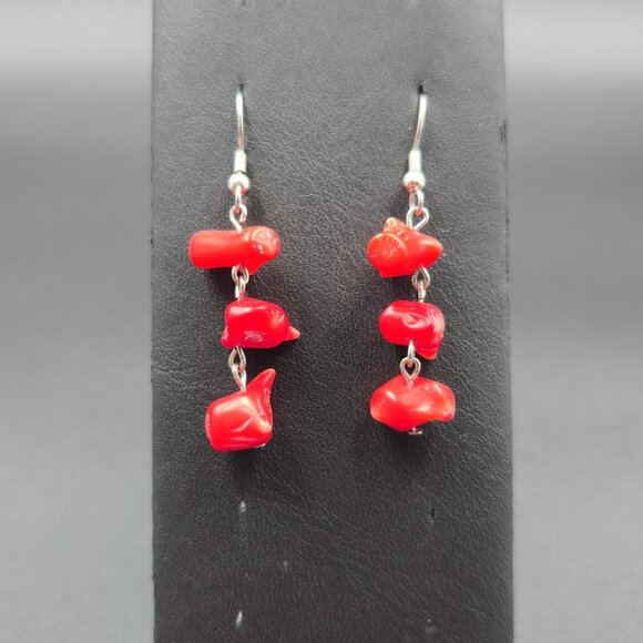 Jewelry - Silver Plated Red Coral Chunks Handmade Dangle Earrings A6095